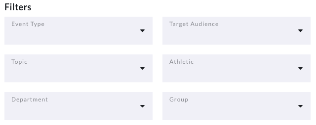 Image of Filter fields (event type, topic, department, target audience, athletic, group) on event submission form.